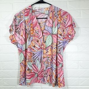 Vintage Vynerra Colorful Tropical Floral Print Button Up Short Sleeve Top